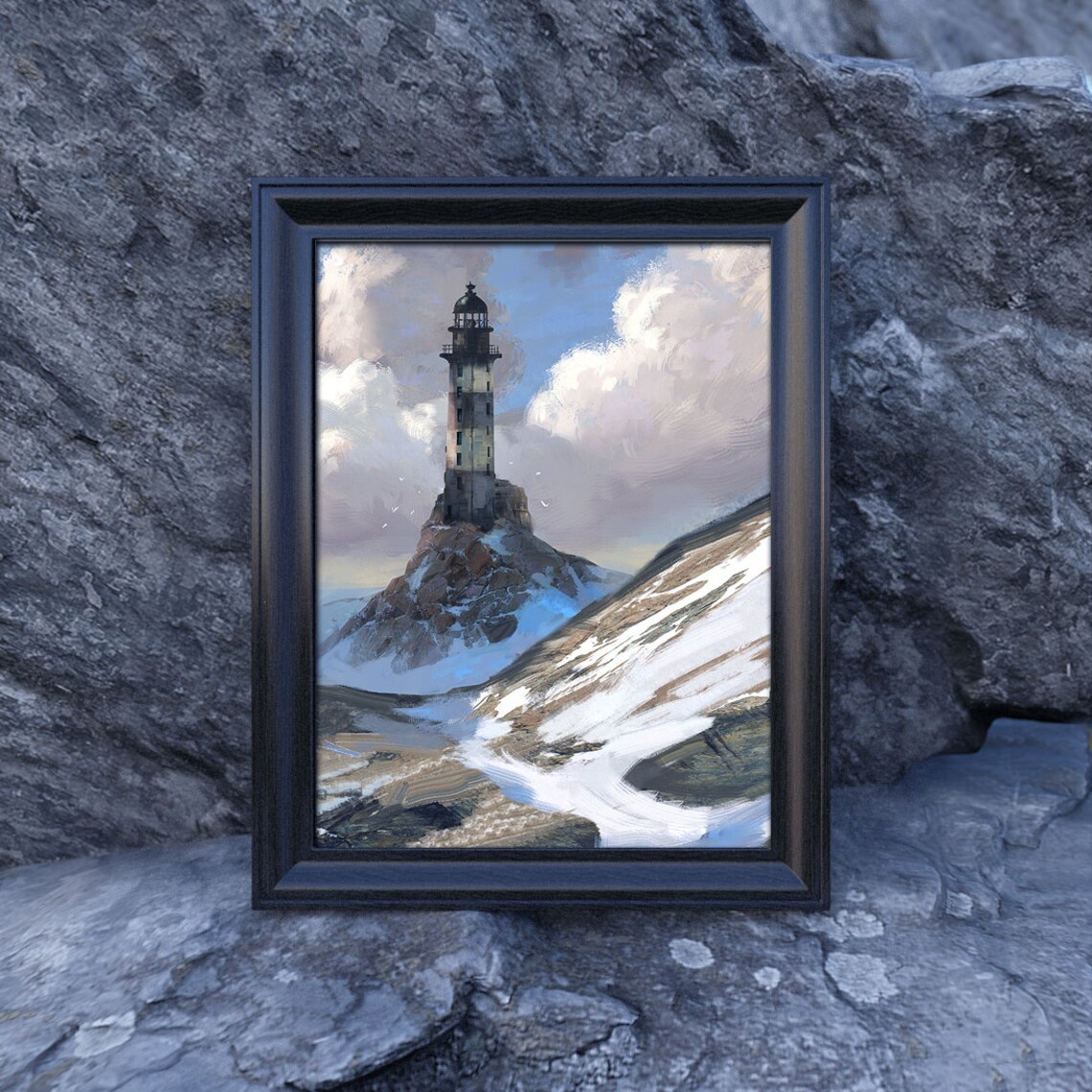 Snowy Lighthouse Rocky Coast Oil Painting Winter Seascape Framed Art Poster