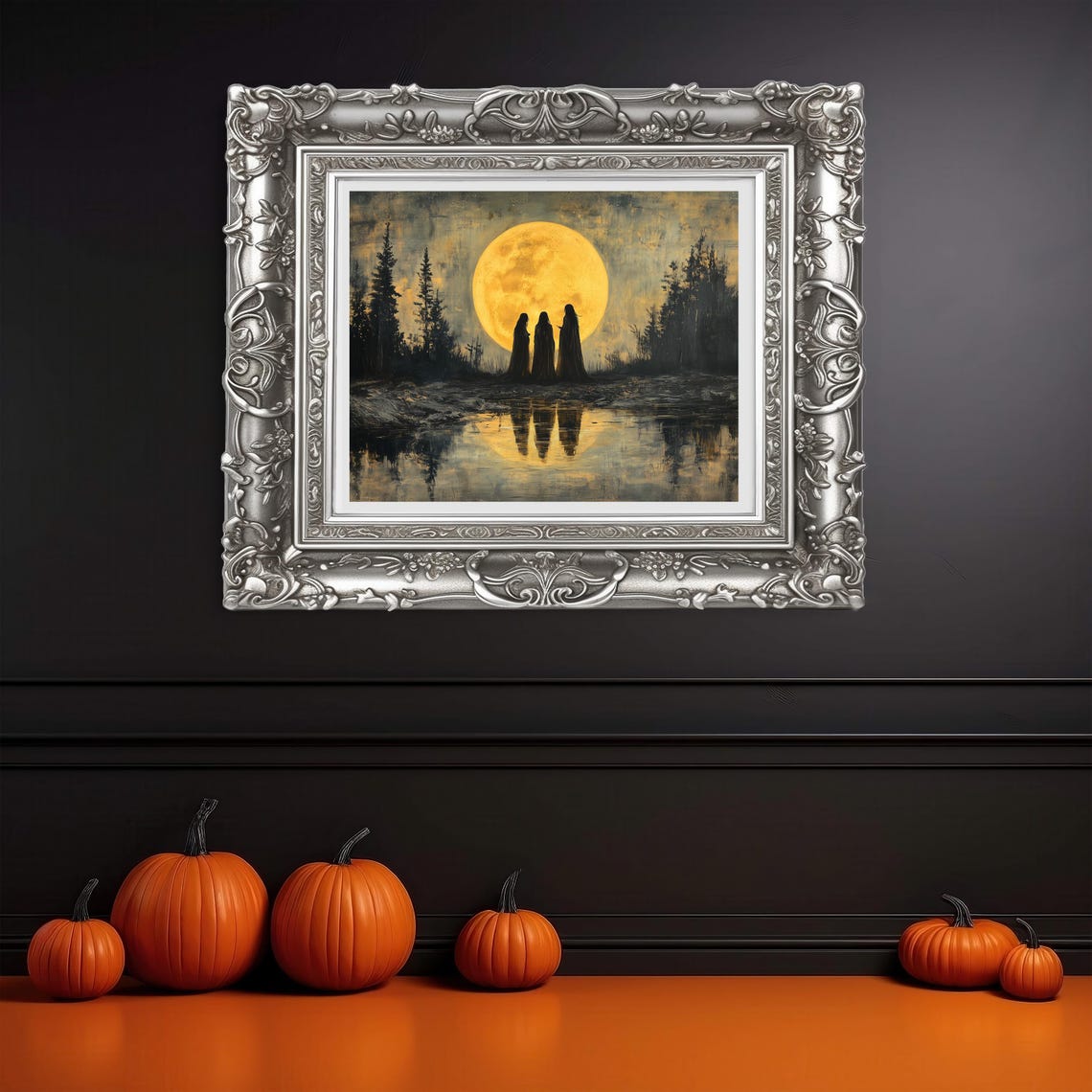 Three Witches Beneath a Giant Golden Full Moon Lake Reflection Poster - Image 3