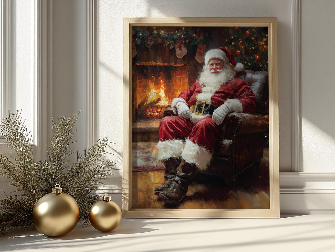 Santa Claus by Fireplace Vintage Christmas Holiday Painting Poster - Image 3