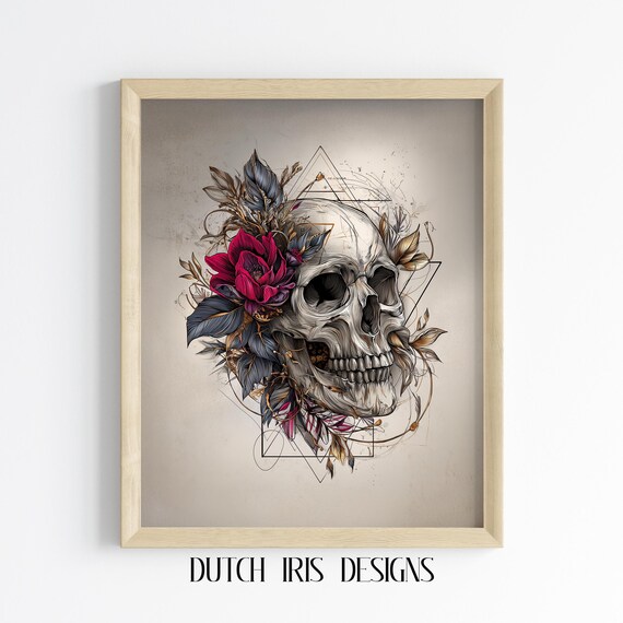 Skull With Red Flower Geometric Line Art Intricate Gothic Skull Poster