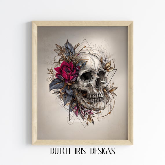 Surreal Botanical Skull Art Intricate Ink Drawing Unique Wall Decor Black And White Gothic Floral Design Print 281