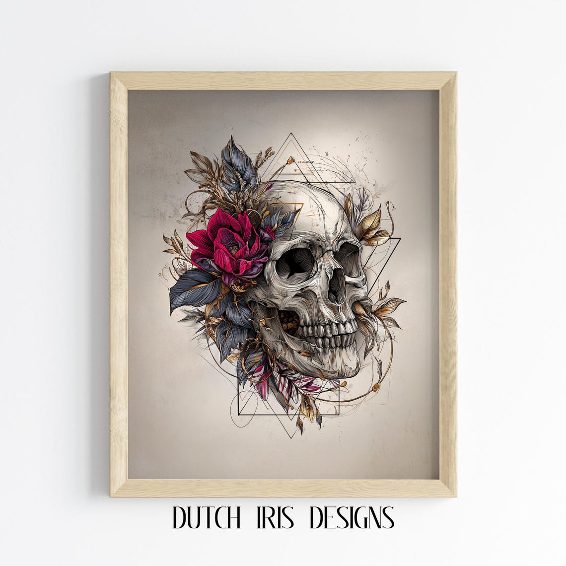 Skull With Red Flower Geometric Line Art Intricate Gothic Skull Poster