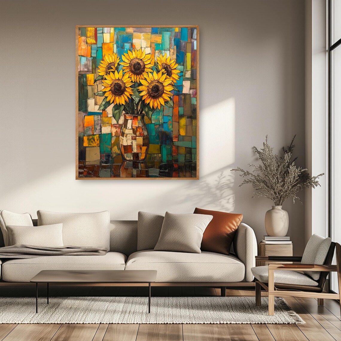 Sunflower Bouquet In Mosaic Vase Cubist Colorful Floral Poster - Image 2