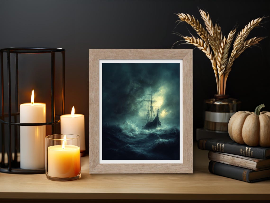Phantom Ghost Ship Sailing Stormy Moonlit Sea Nautical Poster - Image 3
