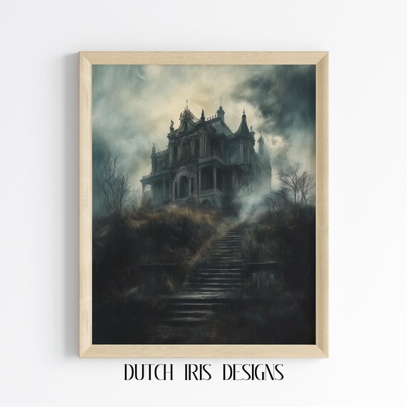 Haunted Gothic Mansion On Foggy Hill Under Dark Stormy Sky Poster