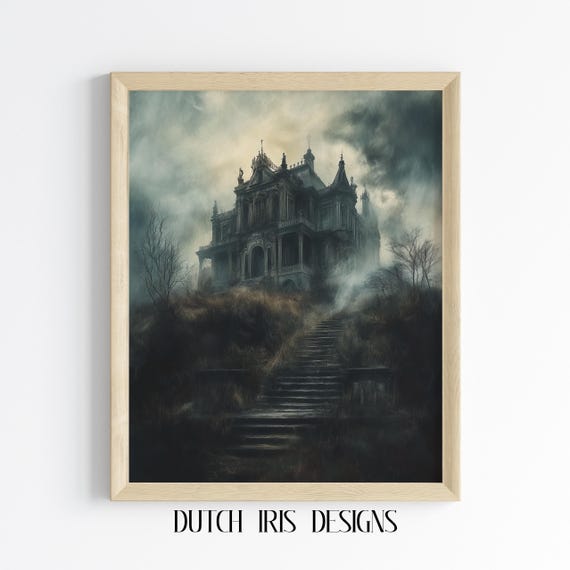 Haunted Mansion On Foggy Hill Spooky Halloween Wall Art Mysterious Gothic Decor Dark Autumn Scene Moody Artwork 458