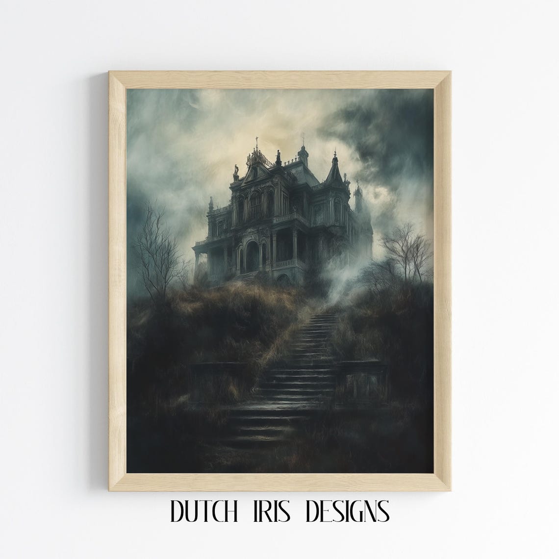 Haunted Gothic Mansion On Foggy Hill Under Dark Stormy Sky Poster