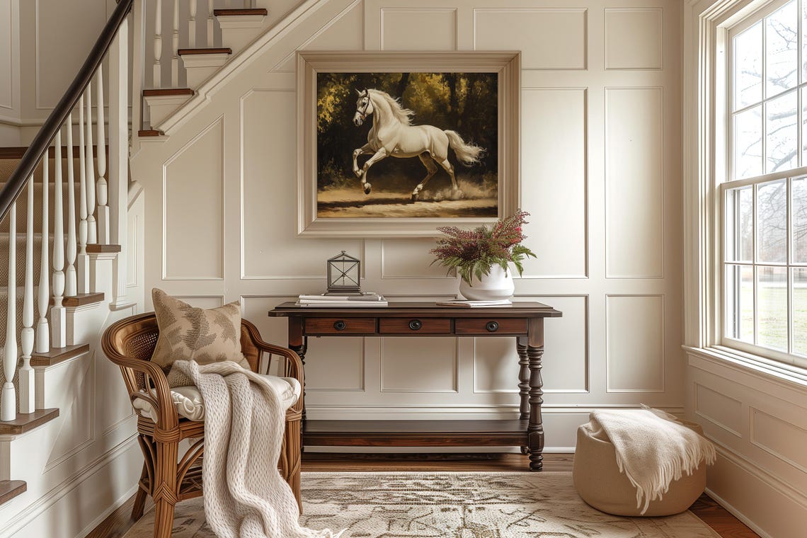 White Horse Galloping Through Dark Forest Elegant Equestrian Poster - Image 2