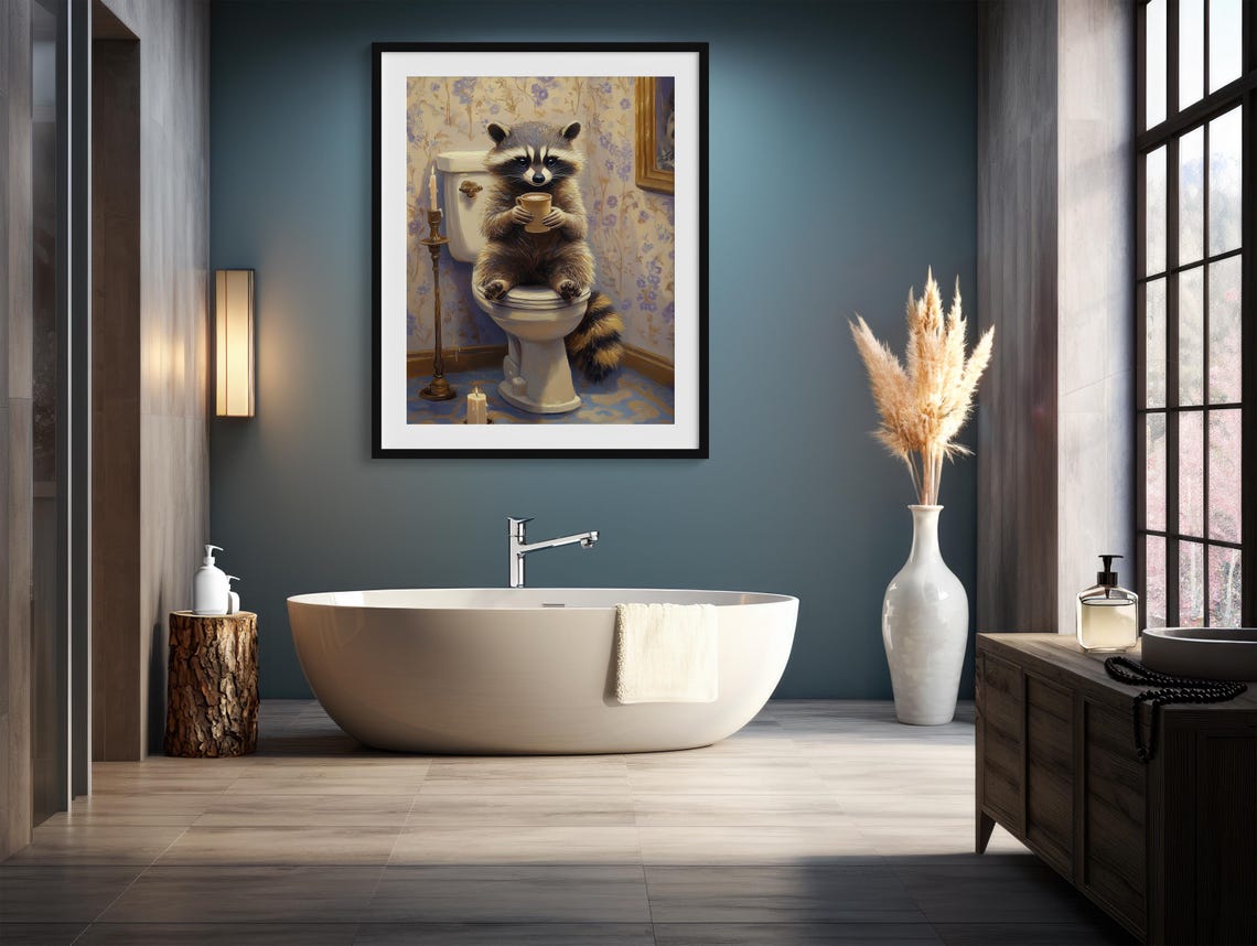 Whimsical Raccoon Bathroom Art Funny Animal Toilet Scene Poster - Image 4