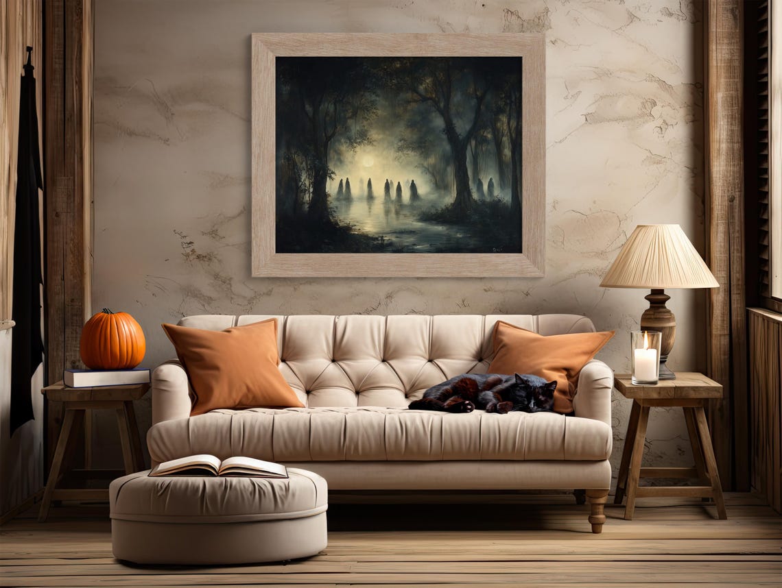 Hooded Ghost Figures Gathering In Moonlit Misty Forest Swamp Poster - Image 2