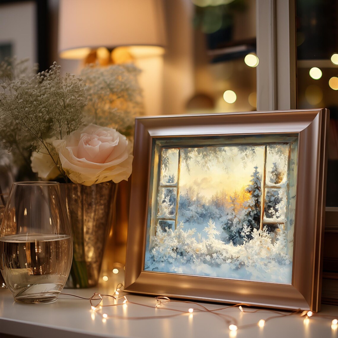 Frosty Window View of a Snowy Forest Glowing at Sunrise Poster - Image 3