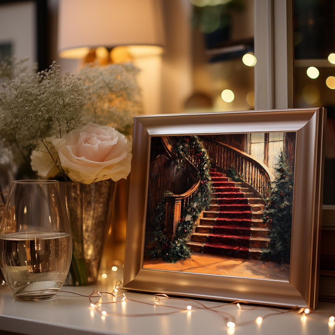 Victorian Staircase With Red Carpet And Christmas Garland Elegant Art Poster - Image 3