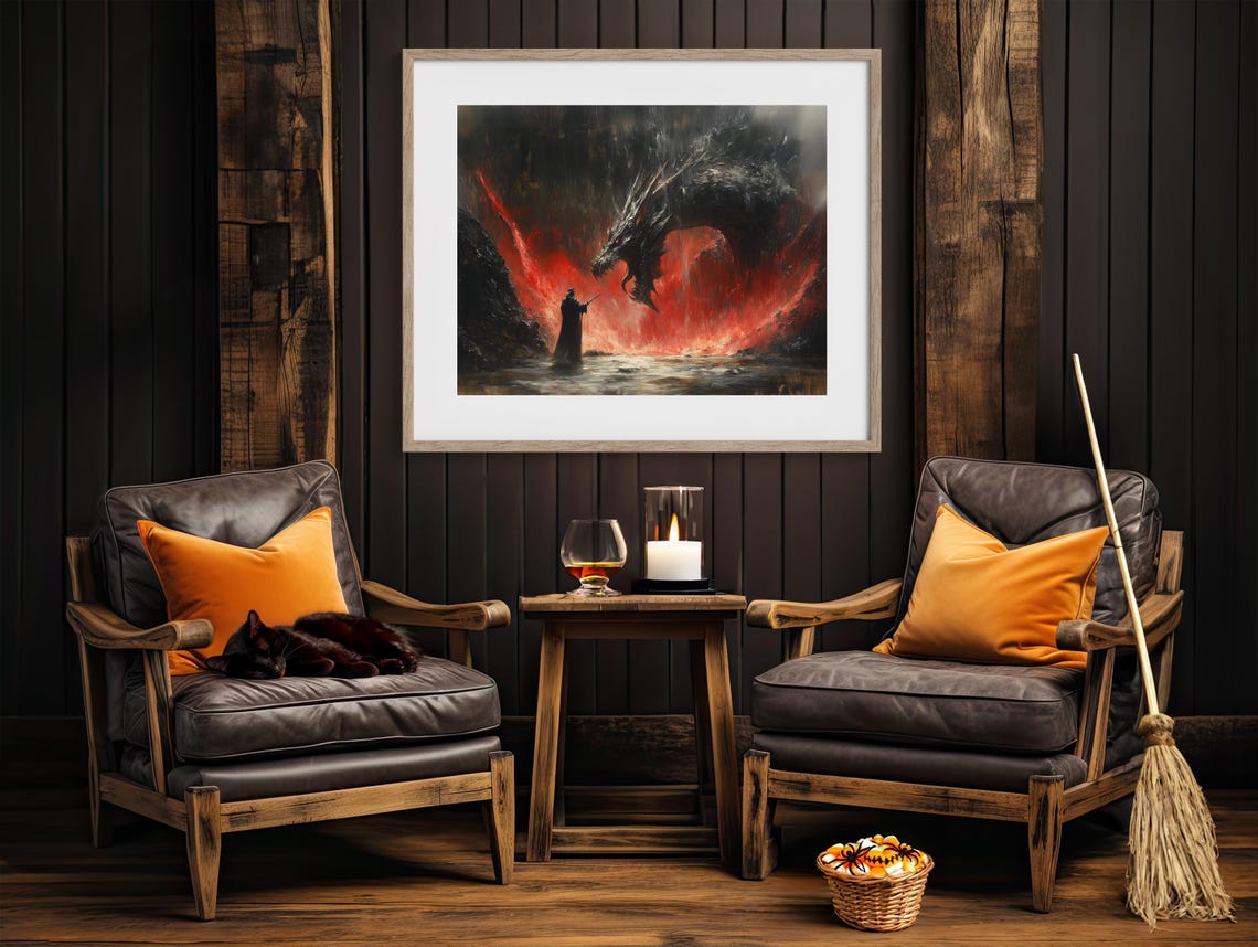 Dark Wizard Facing Giant Dragon In Fiery Red Epic Fantasy Art Poster - Image 4