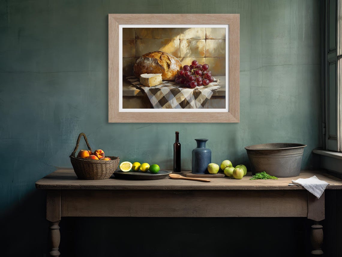 Rustic Bread Cheese And Grapes Still Life Painting Kitchen Poster - Image 4