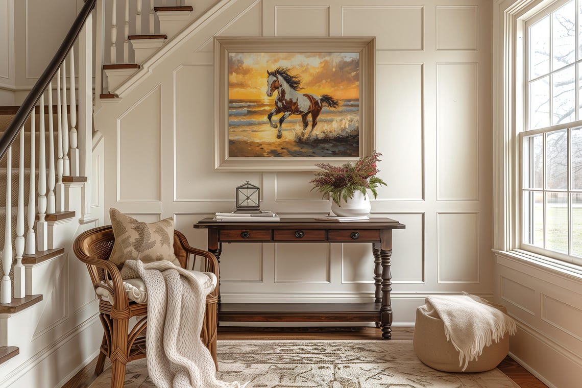 Paint Horse Galloping Through Ocean Surf At Golden Sunset Poster - Image 2