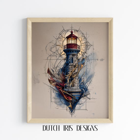 Surreal Lighthouse Artwork Nautical Wall Art Blueprints Inspired Design Coastal Decor Print Ocean Scene 282