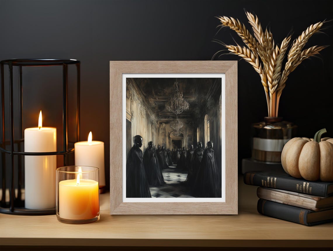 Masked Figures In Dark Grand Hall With Chandeliers Gothic Poster - Image 3