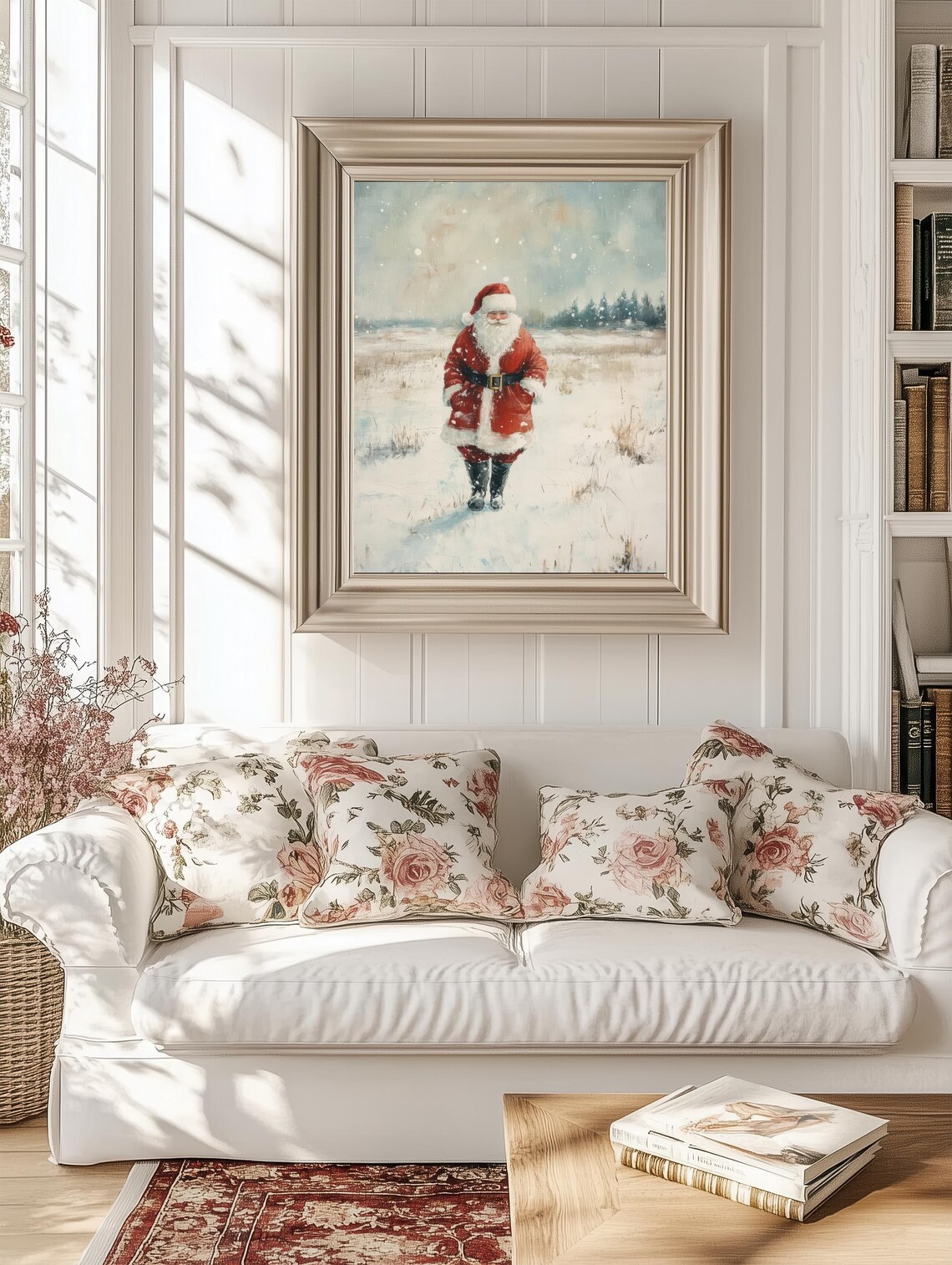 Vintage Santa Walking Through Snowy Field Rustic Christmas Scene Poster - Image 2