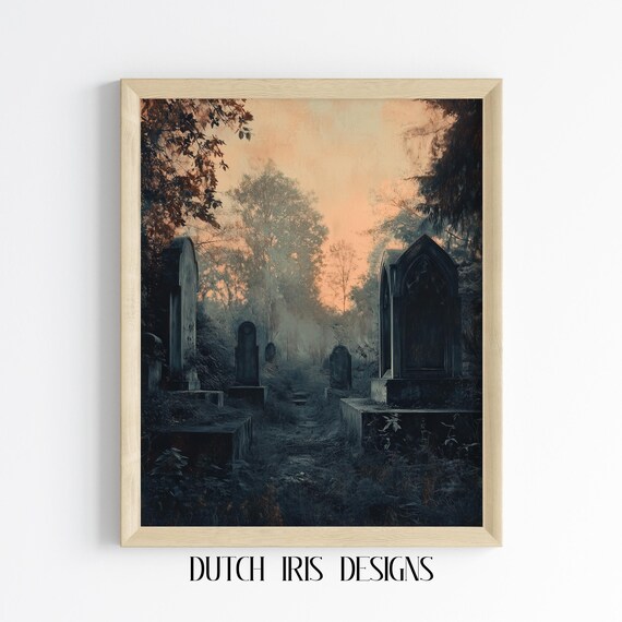 Foggy Graveyard At Dusk With Old Tombstones Spooky Halloween Poster