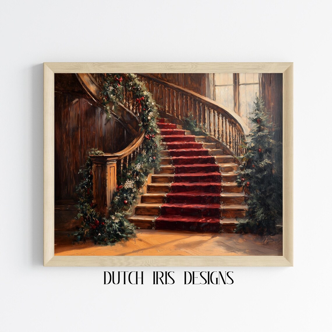 Victorian Staircase With Red Carpet And Christmas Garland Elegant Art Poster
