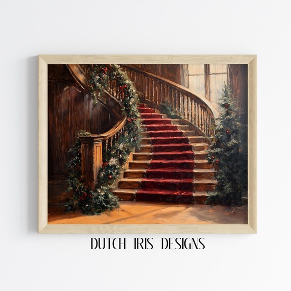 Victorian Staircase With Red Carpet And Christmas Garland Elegant Art Poster