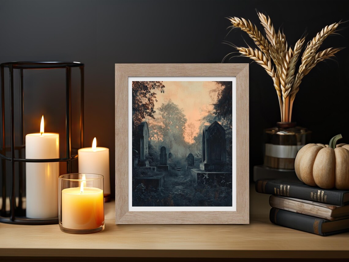 Foggy Graveyard At Dusk With Old Tombstones Spooky Halloween Poster - Image 3