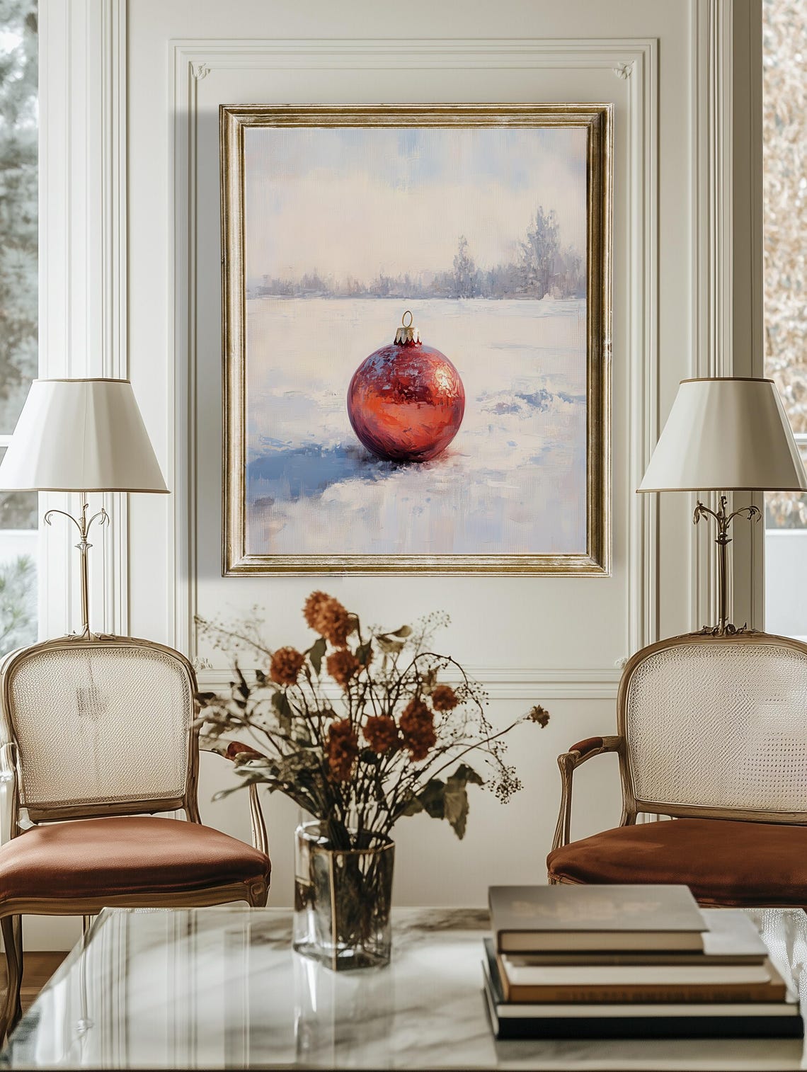 Red Christmas Ornament Resting In Snow Vintage Winter Holiday Poster - Image 4