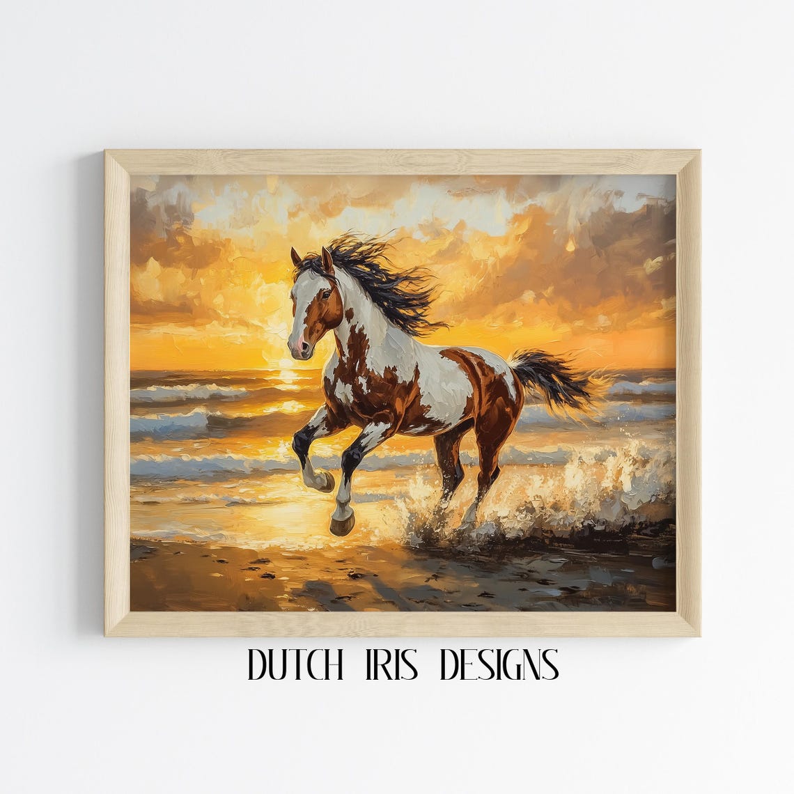 Paint Horse Galloping Through Ocean Surf At Golden Sunset Poster