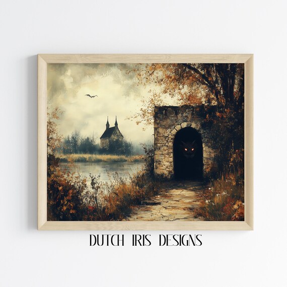 Stone Gate With Glowing Red Eyes By Autumn Lake Gothic Scene Art Poster