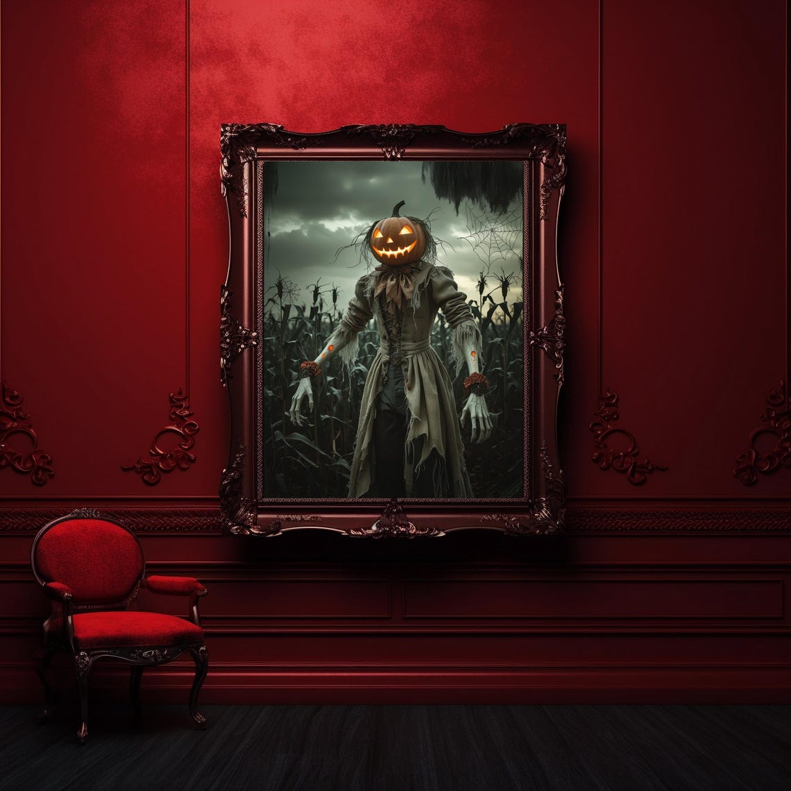 Pumpkin Head Scarecrow In Haunted Cornfield Halloween Poster - Image 3