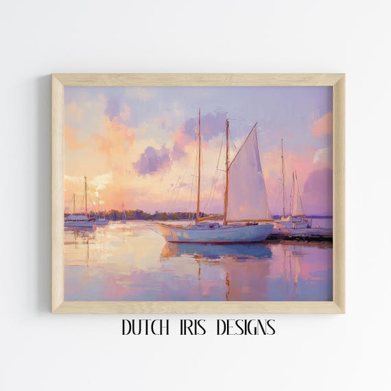 Vintage Sailboat At Sunset Impressionist Seaside Scene Moody Nautical Wall Art Maritime Decor Painting 571