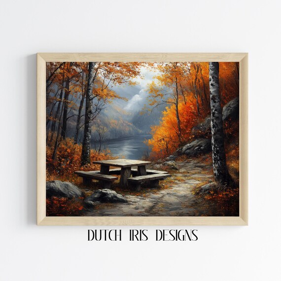 Autumn Picnic Table By Birch Forest Lake Rustic Fall Scene Art Poster