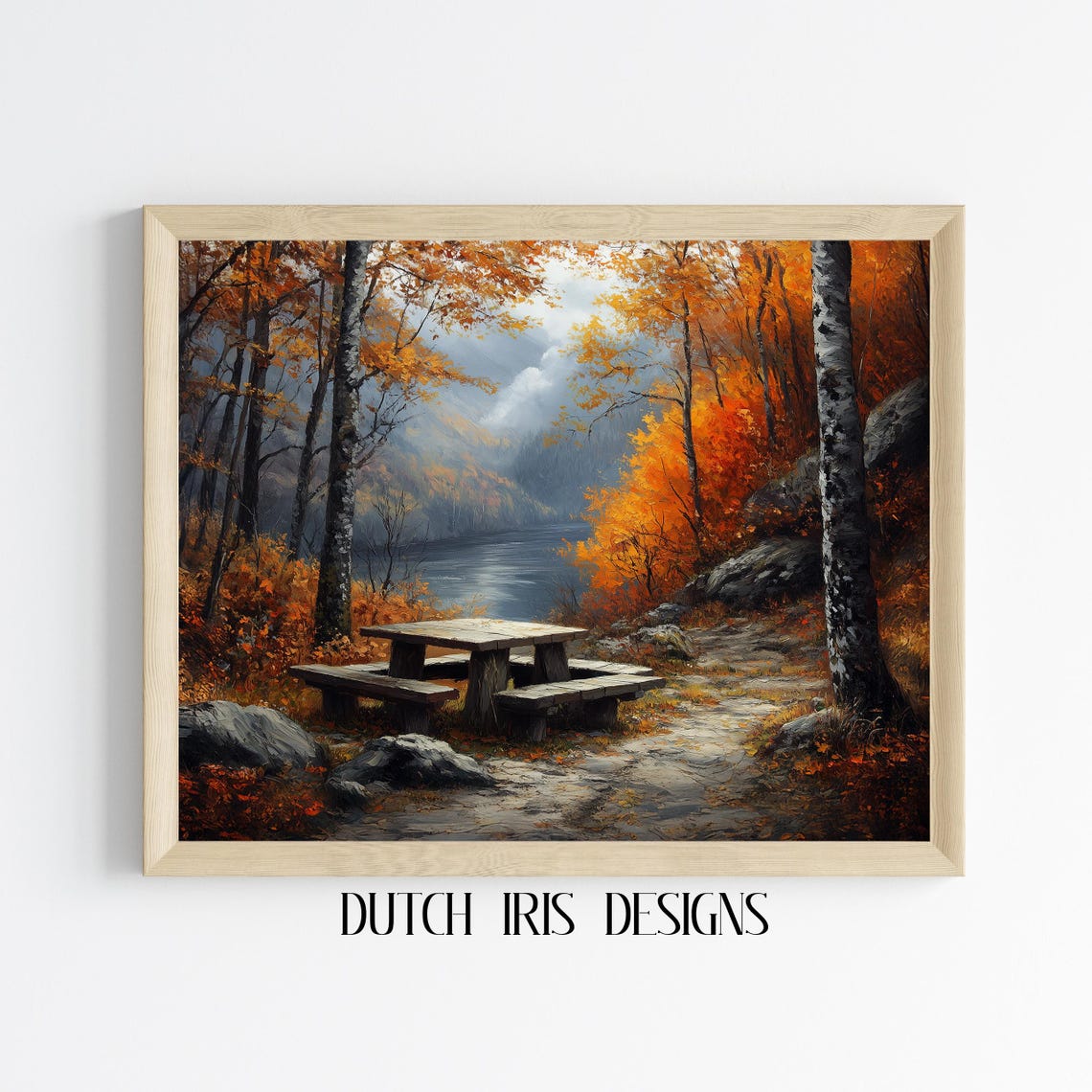 Autumn Picnic Table By Birch Forest Lake Rustic Fall Scene Art Poster