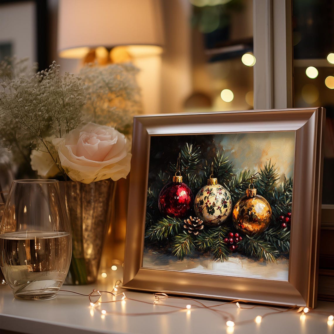 Vintage Christmas Ornaments Still Life on Pine Branches Poster - Image 3