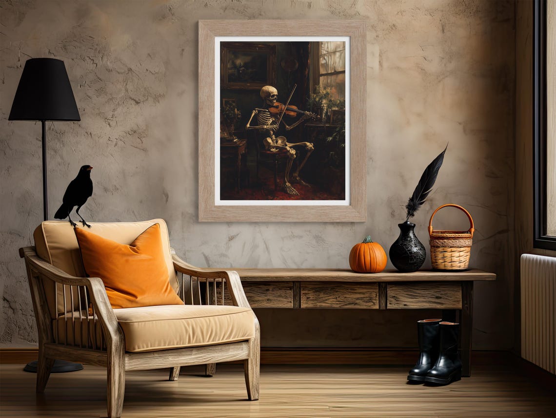 Skeleton Playing Violin In Dark Parlor Classical Music Poster - Image 4