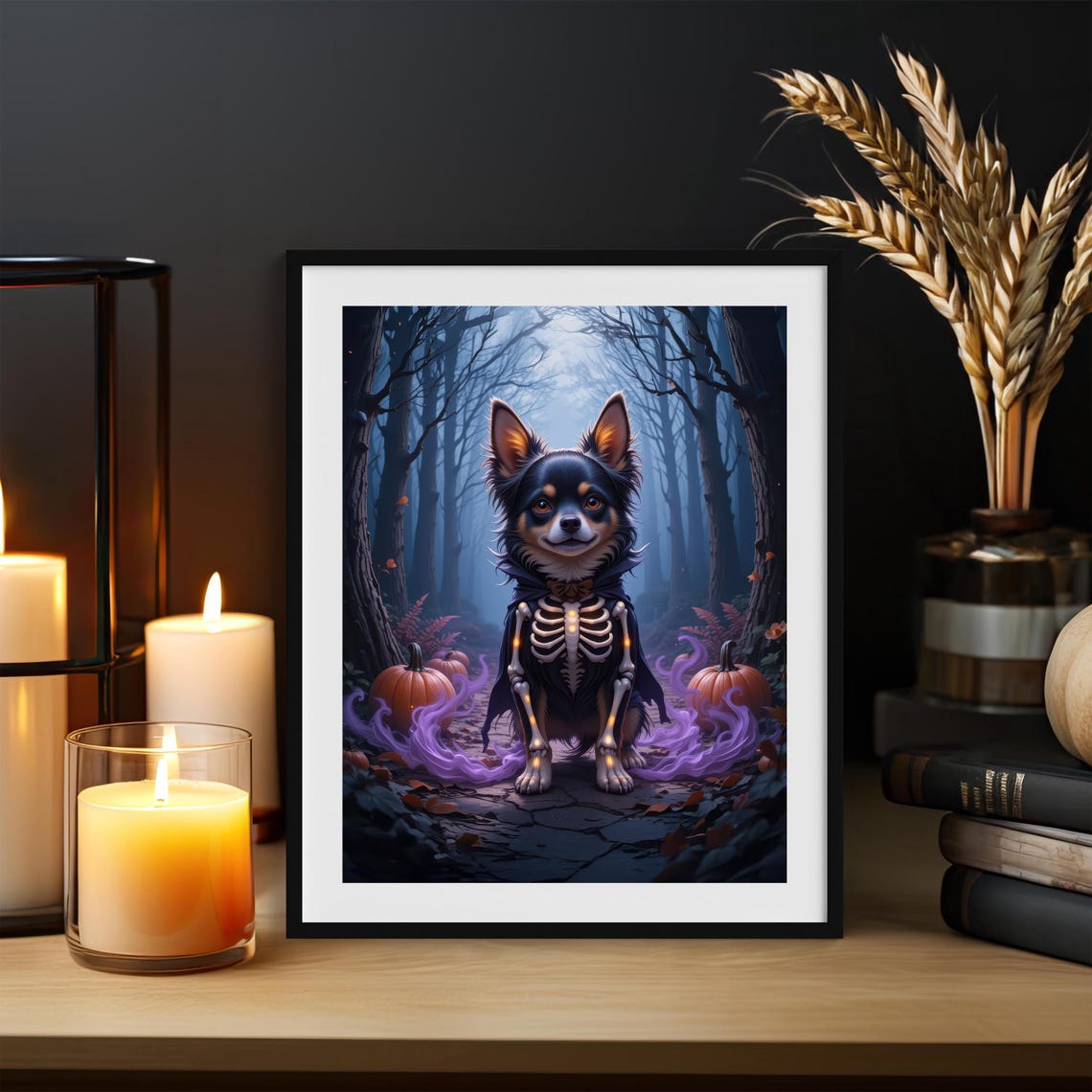 Spooky Halloween Dog Skeleton Costume Anime Forest Art Poster - Image 3