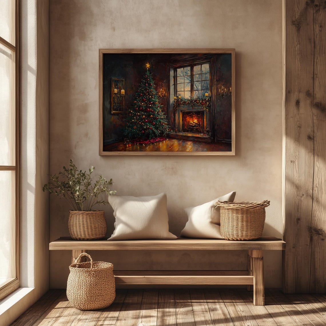 Christmas Tree by a Crackling Fireplace on a Snowy Night Poster - Image 4