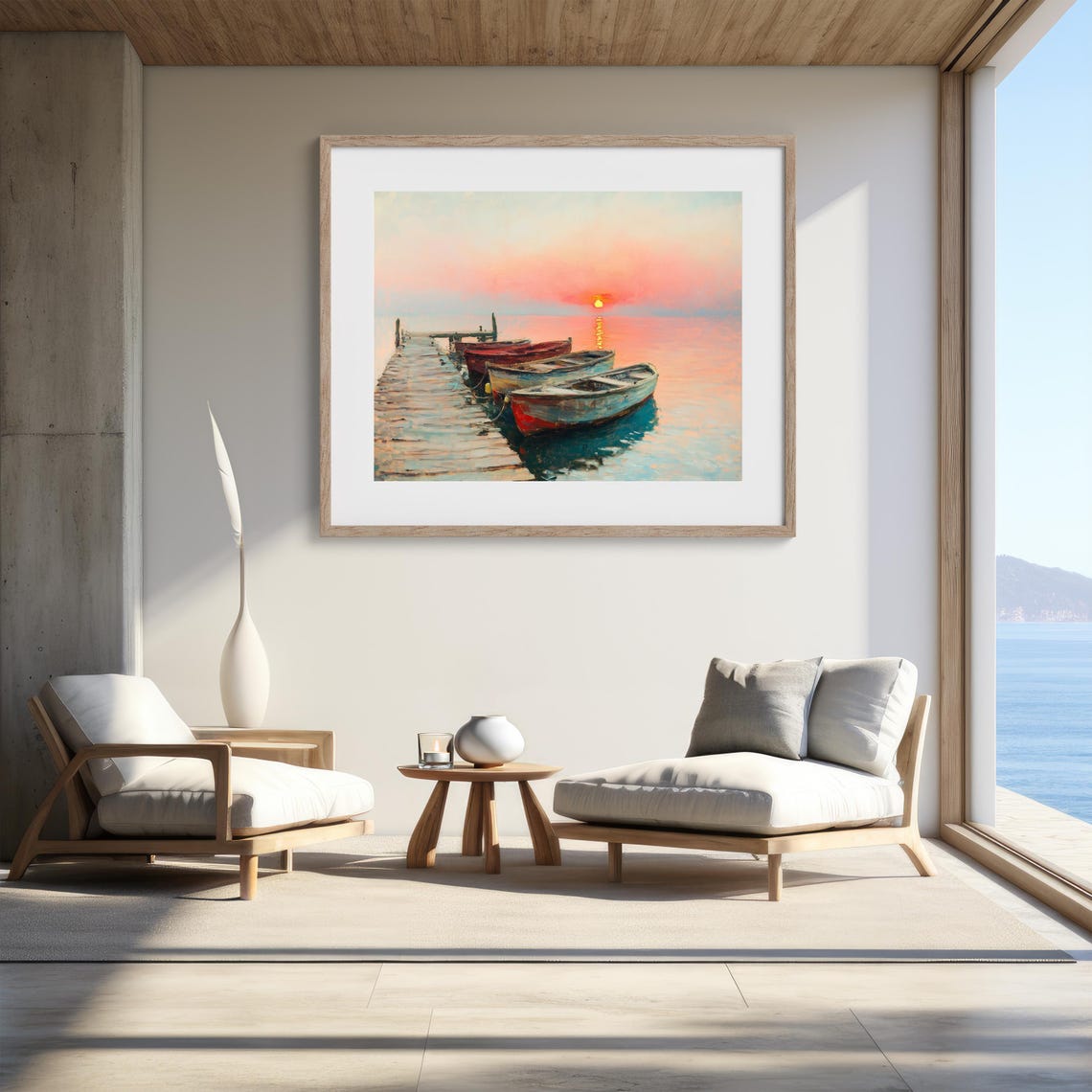 Sunrise Over Lake with Boats Tranquil Morning Dock Scene Poster - Image 2