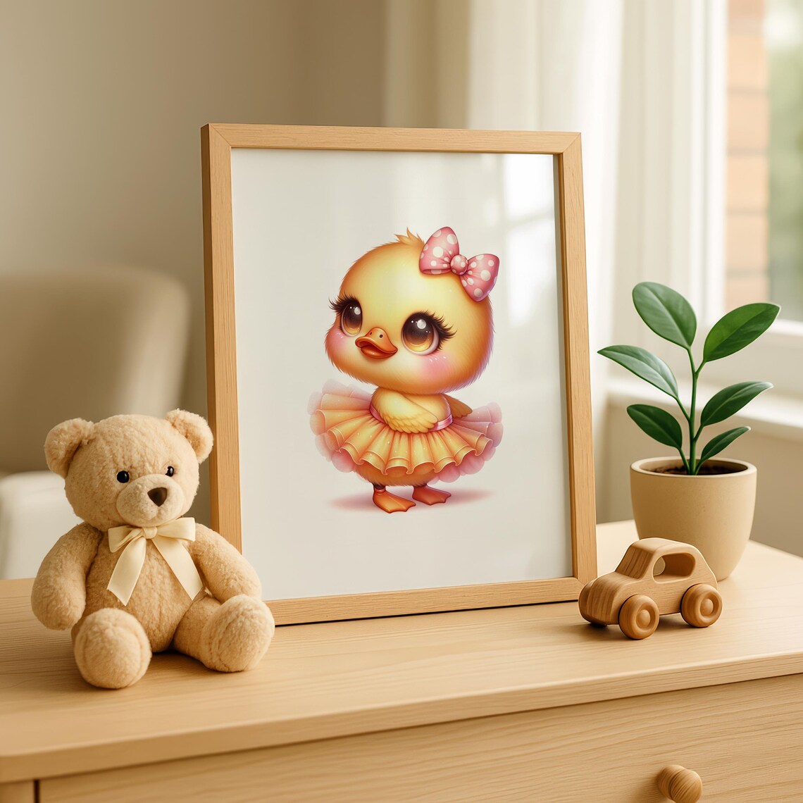Cute Baby Chick In Yellow Tutu With Pink Polka Dot Bow Nursery Art Poster - Image 3