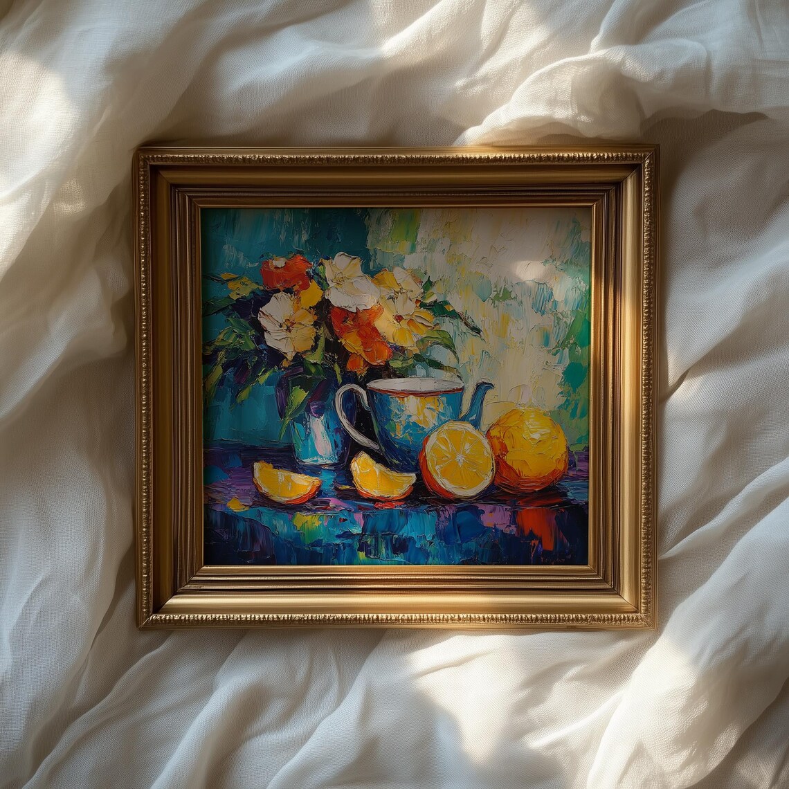 Vibrant Impasto Still Life Of Flowers Teapot And Lemons Art Poster - Image 2