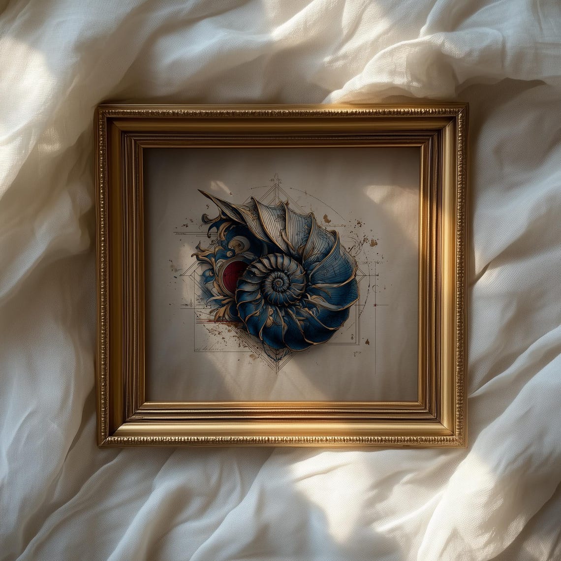 Blue Nautilus Shell With Gold Geometric Elegant Coastal Poster - Image 2