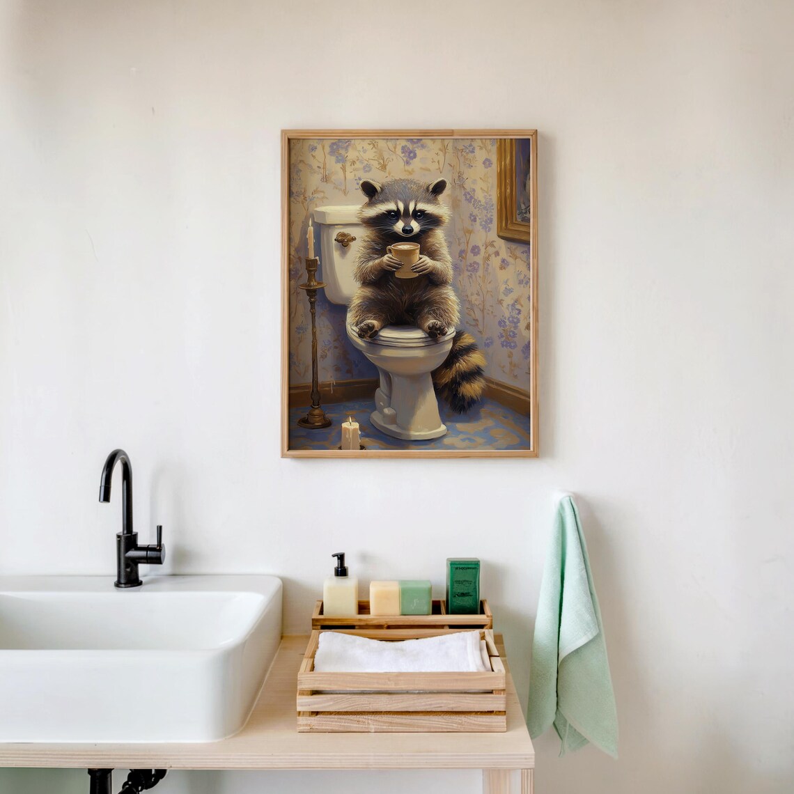 Whimsical Raccoon Bathroom Art Funny Animal Toilet Scene Poster - Image 3