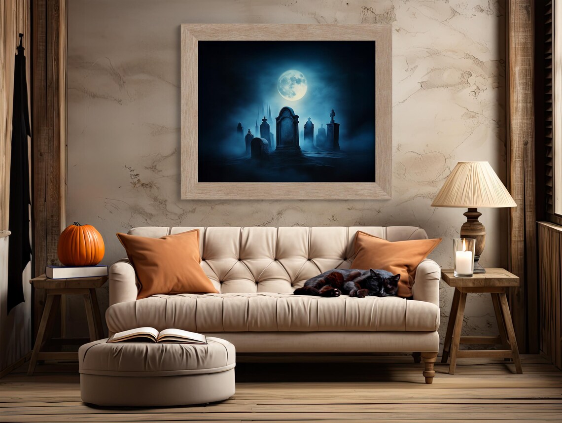 Haunted Graveyard Tombstones Under a Bright Blue Full Moon Night Poster - Image 2