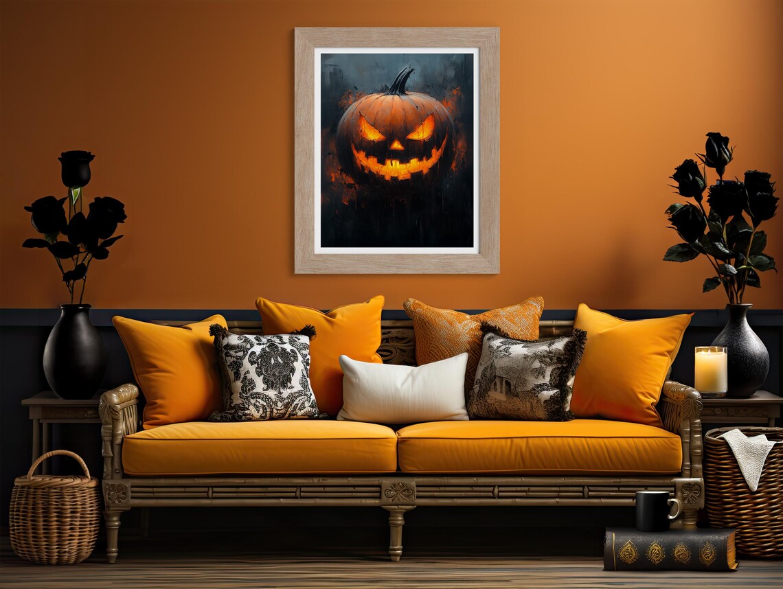Glowing Jack-O-Lantern Pumpkin Spooky Halloween Night Oil Painting Poster - Image 2