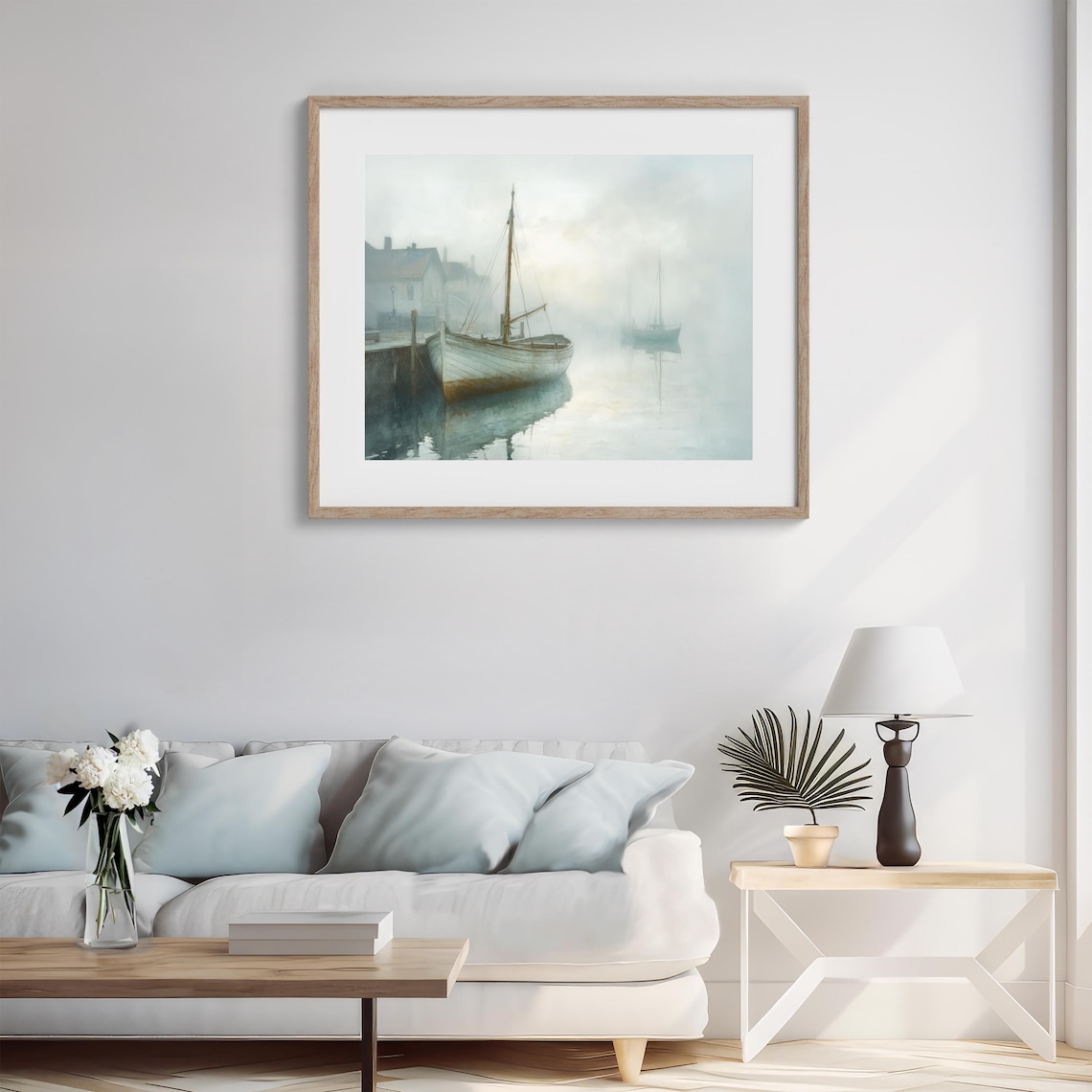 Misty Harbor Wooden Boats Moody Nautical Coastal Painting Poster - Image 4