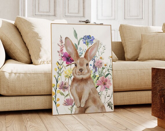Watercolor Bunny Rabbit Among Wildflowers Spring Nursery Art Poster