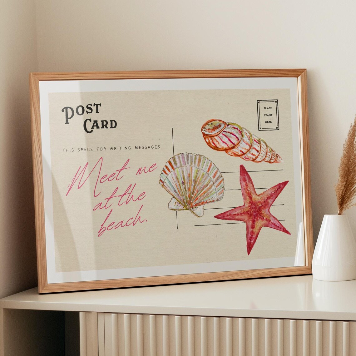Meet Me At The Beach Postcard Style Poster With Seashells And Starfish