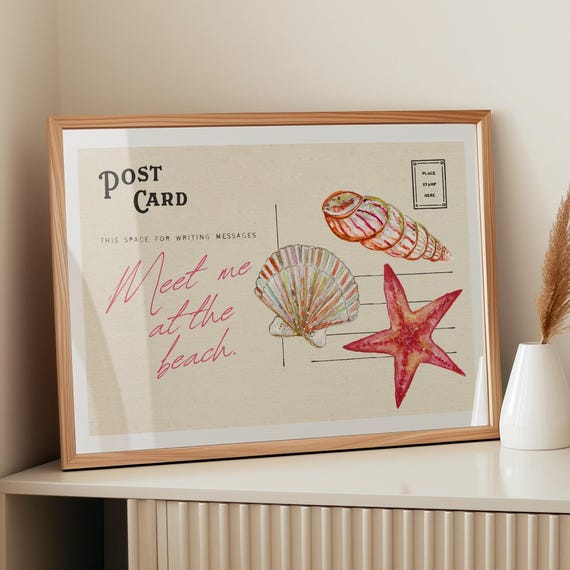 Coastal Prints Meet Me At The Beach Print Postcard Wall Art With Seashells Starfish Oyster Painting Nautical Beachy Decor
