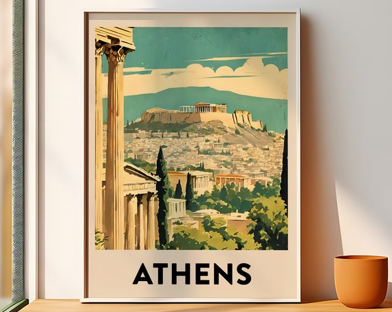 Athens Vintage Travel Poster, Greek Art Print