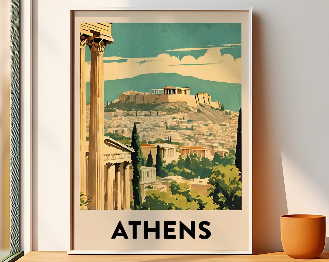 Athens Vintage Travel Poster, Greek Art Print